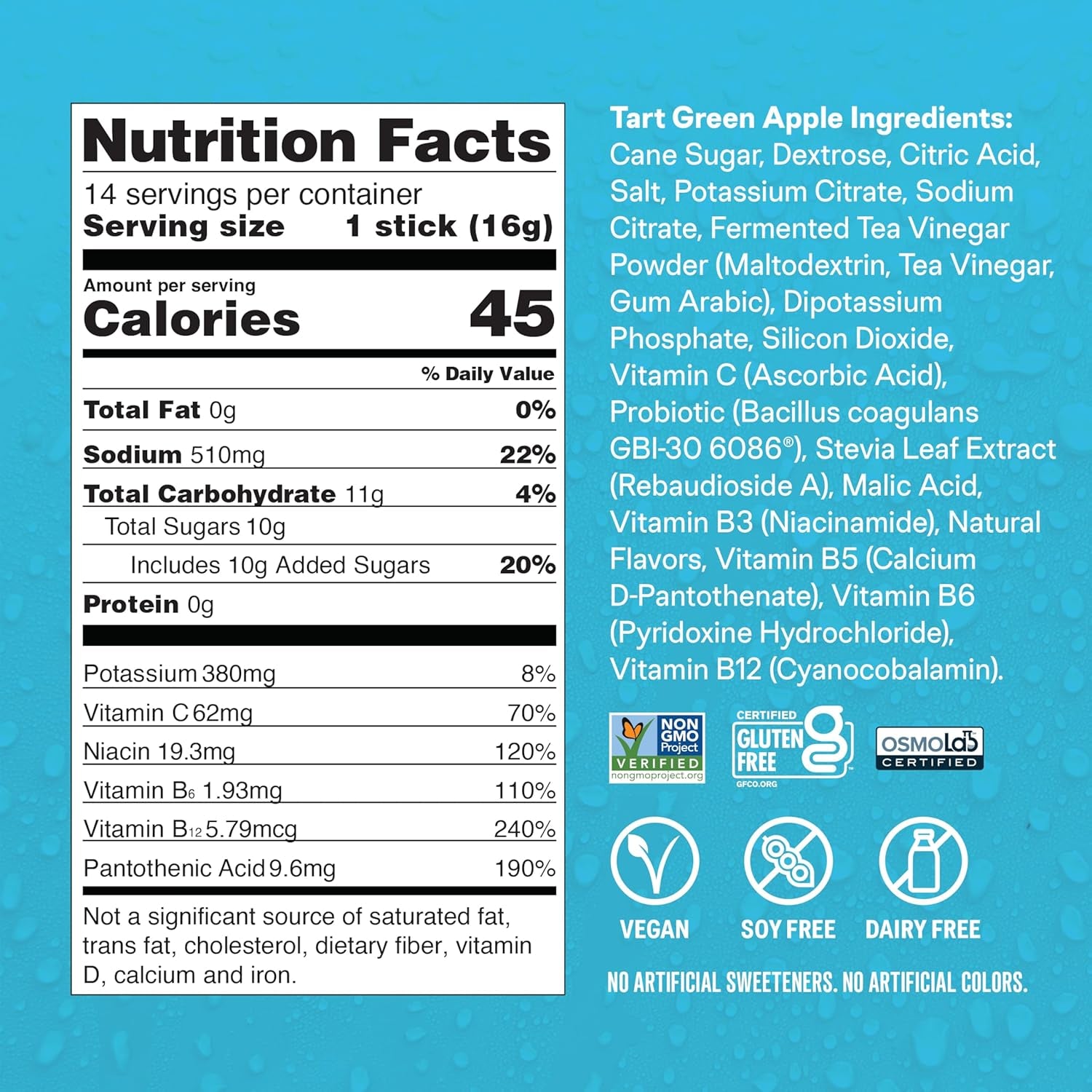  Hydration Powder Packets Tart Green Apple Electrolyte Drink Mix 14 Servings (Pack of 1)